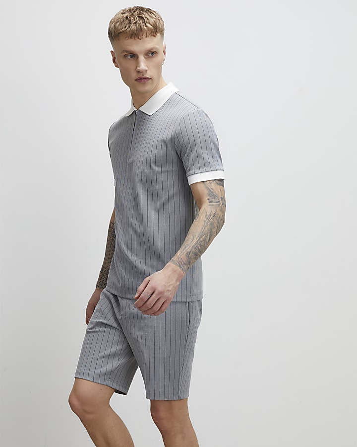 Grey Slim Fit Pinstripe Shorts
