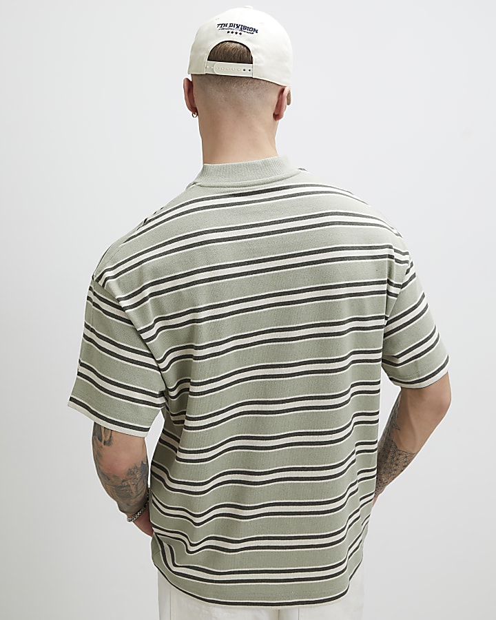 Green Oversized Fit Stripe V Neck T-Shirt