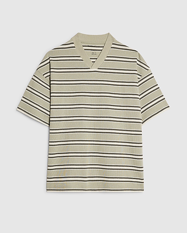 Green Oversized Fit Stripe V Neck T-Shirt