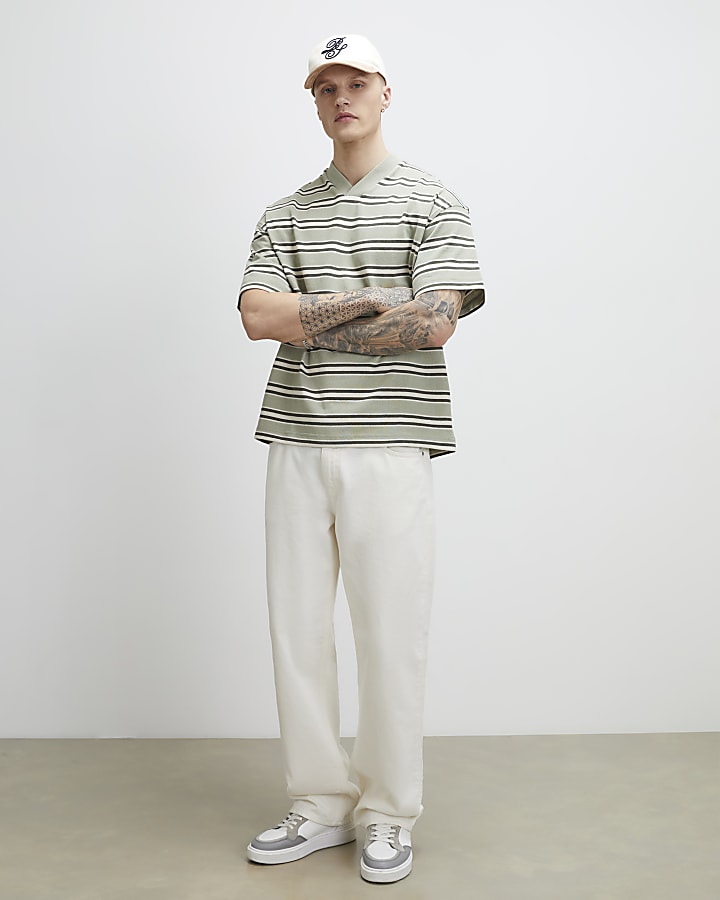 Green Oversized Fit Stripe V Neck T-Shirt