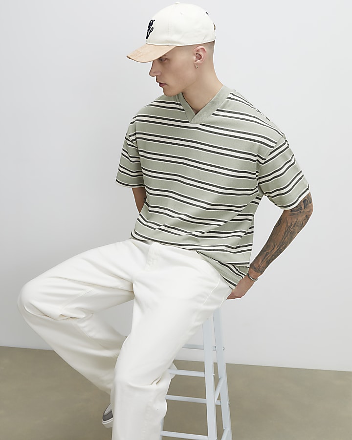 Green Oversized Fit Stripe V Neck T-Shirt