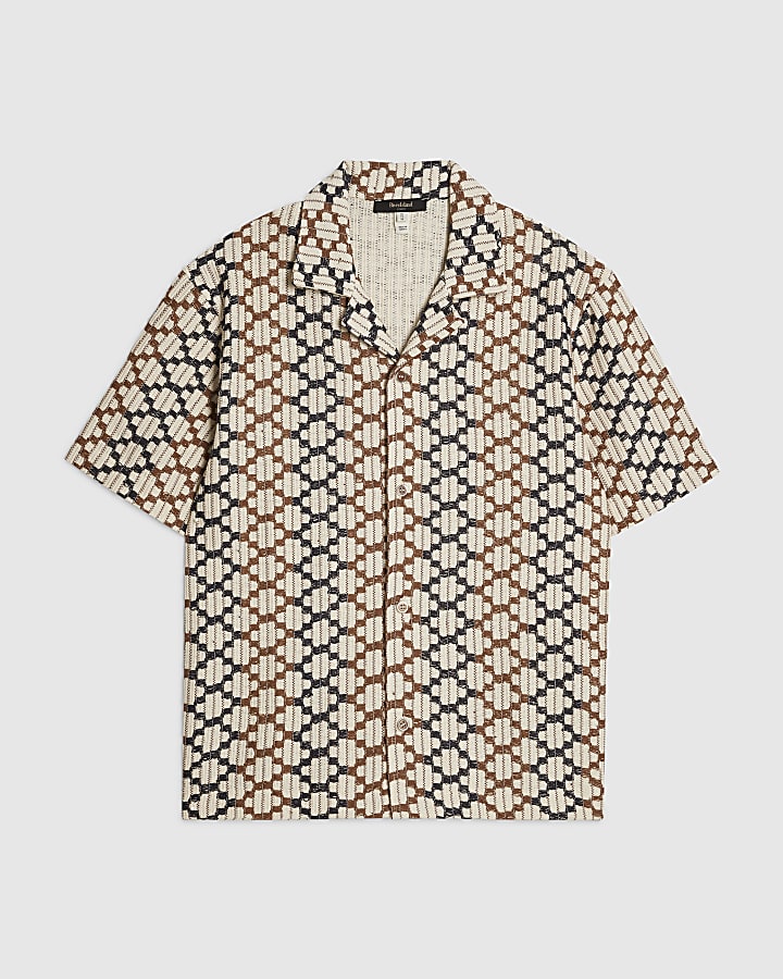 Brown Regular Fit Geometric Crochet Shirt