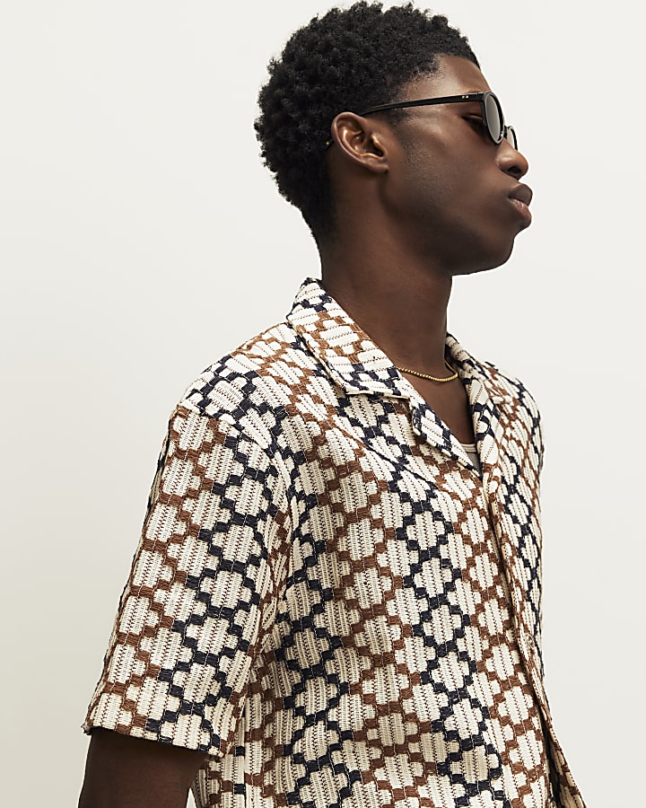 Brown Regular Fit Geometric Crochet Shirt