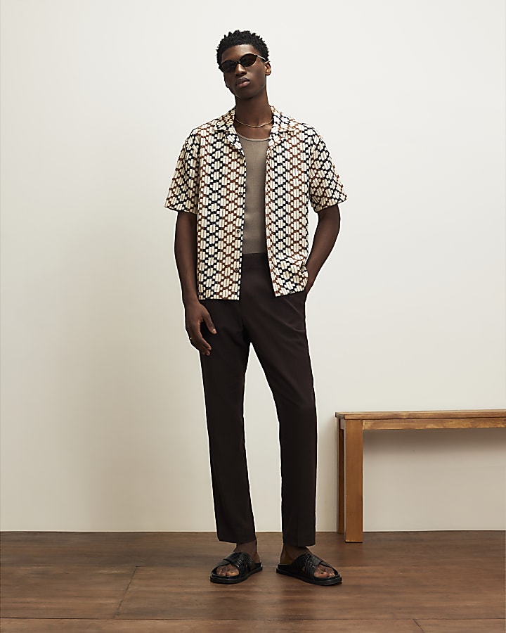 Brown Regular Fit Geometric Crochet Shirt