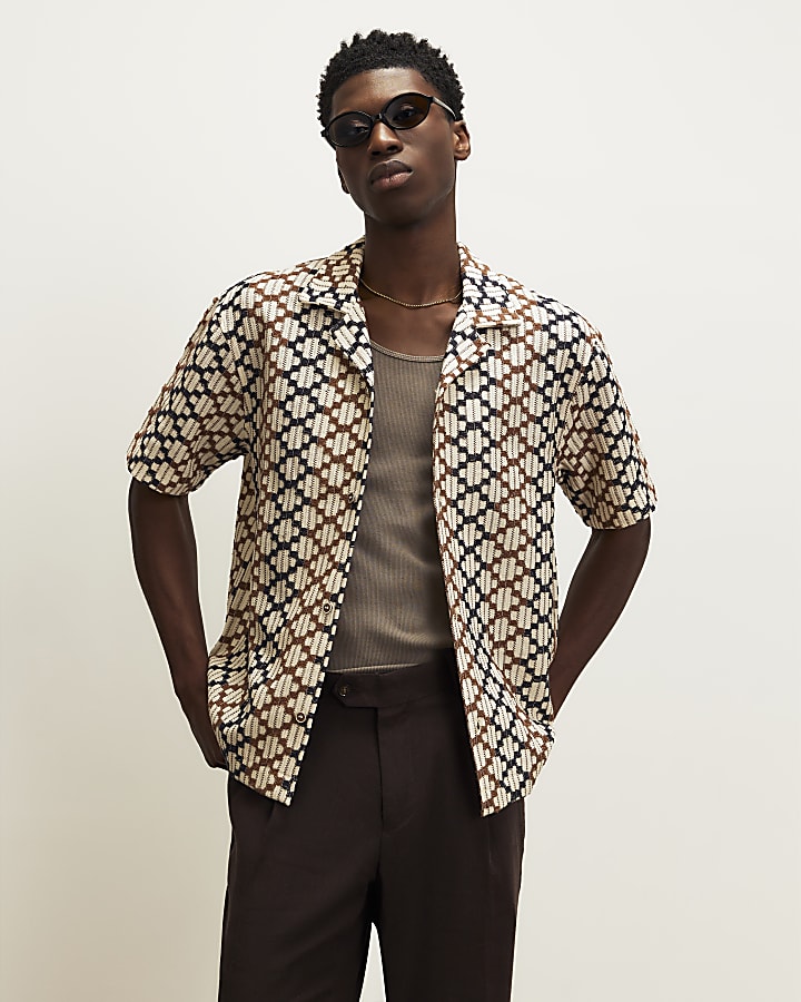 Brown Regular Fit Geometric Crochet Shirt