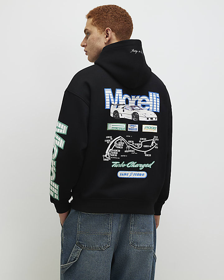 Black Oversized Fit Morelli Badged Car Hoodie