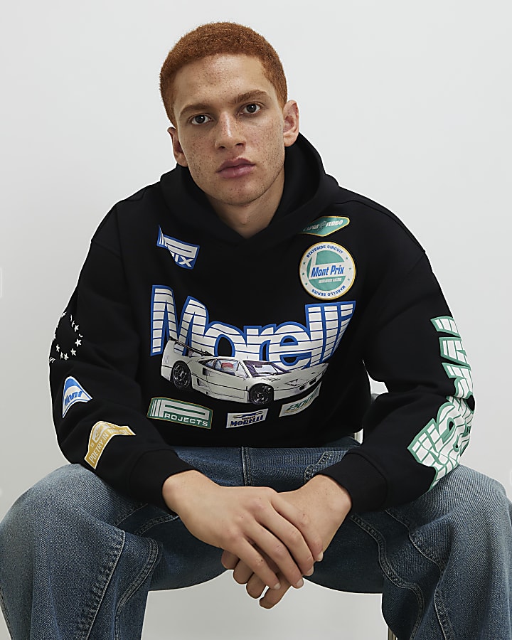 Black Oversized Fit Morelli Badged Car Hoodie