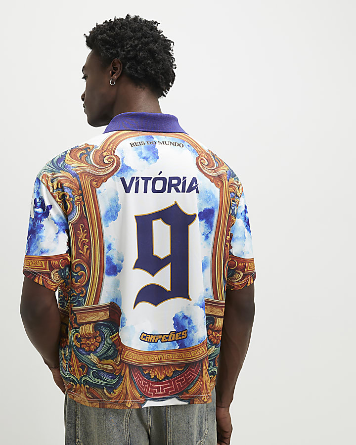 Blue Oversized Fit Floral Football Polo Shirt