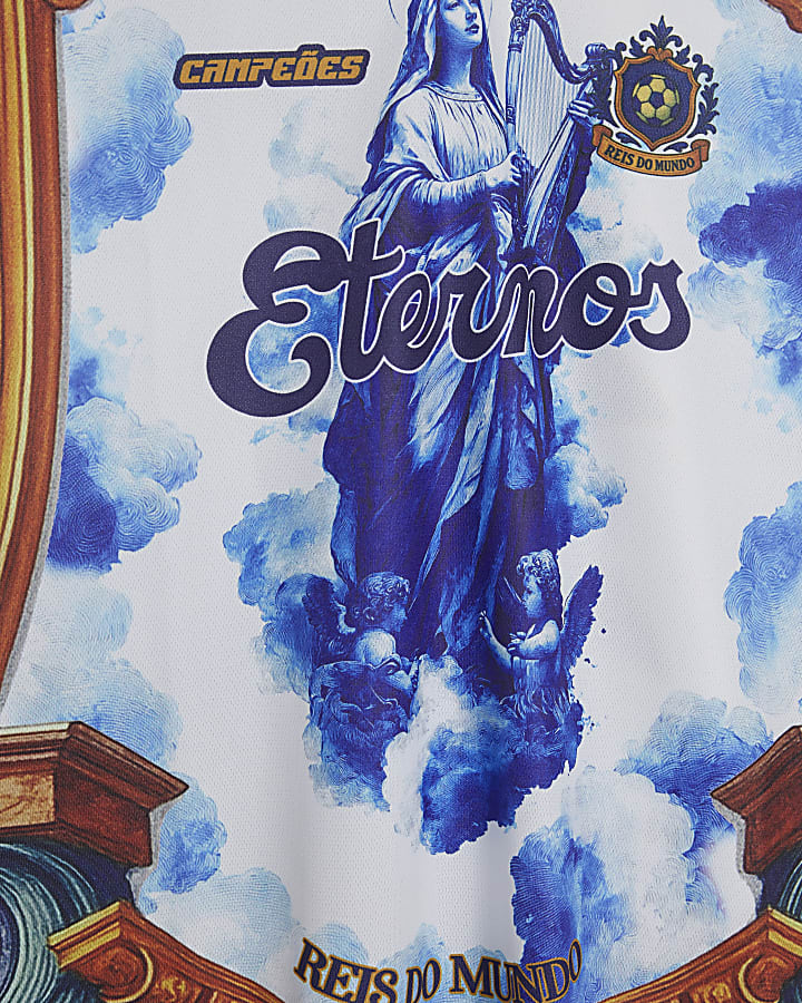 Blue Oversized Fit Floral Football Polo Shirt