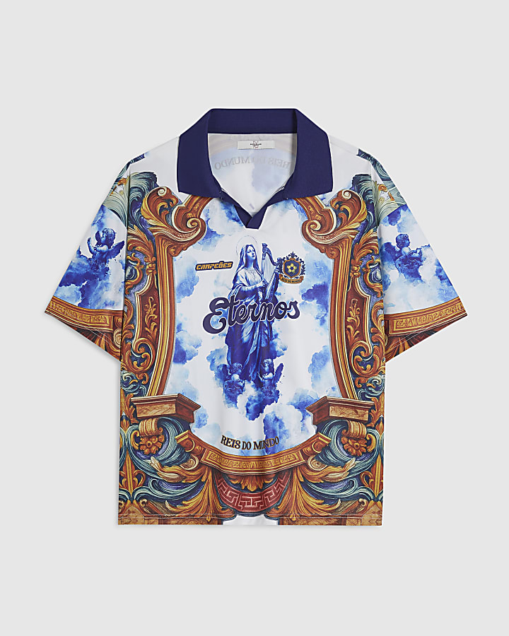 Blue Oversized Fit Floral Football Polo Shirt