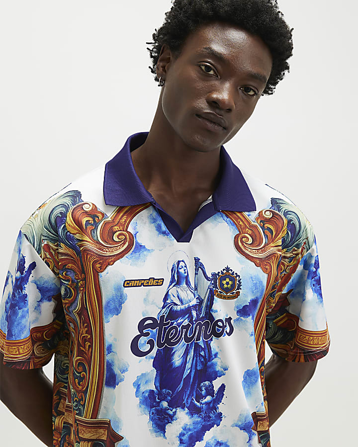 Blue Oversized Fit Floral Football Polo Shirt