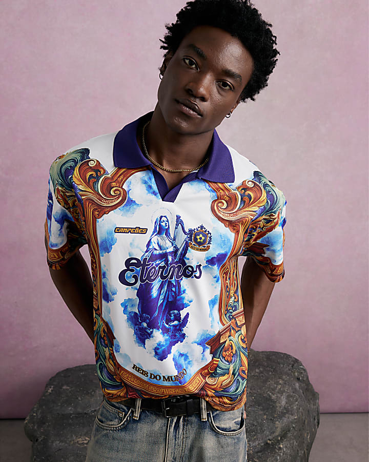 Blue Oversized Fit Floral Football Polo Shirt