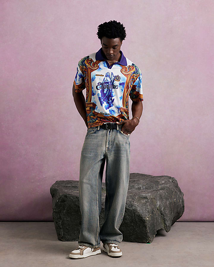 Blue Oversized Fit Floral Football Polo Shirt