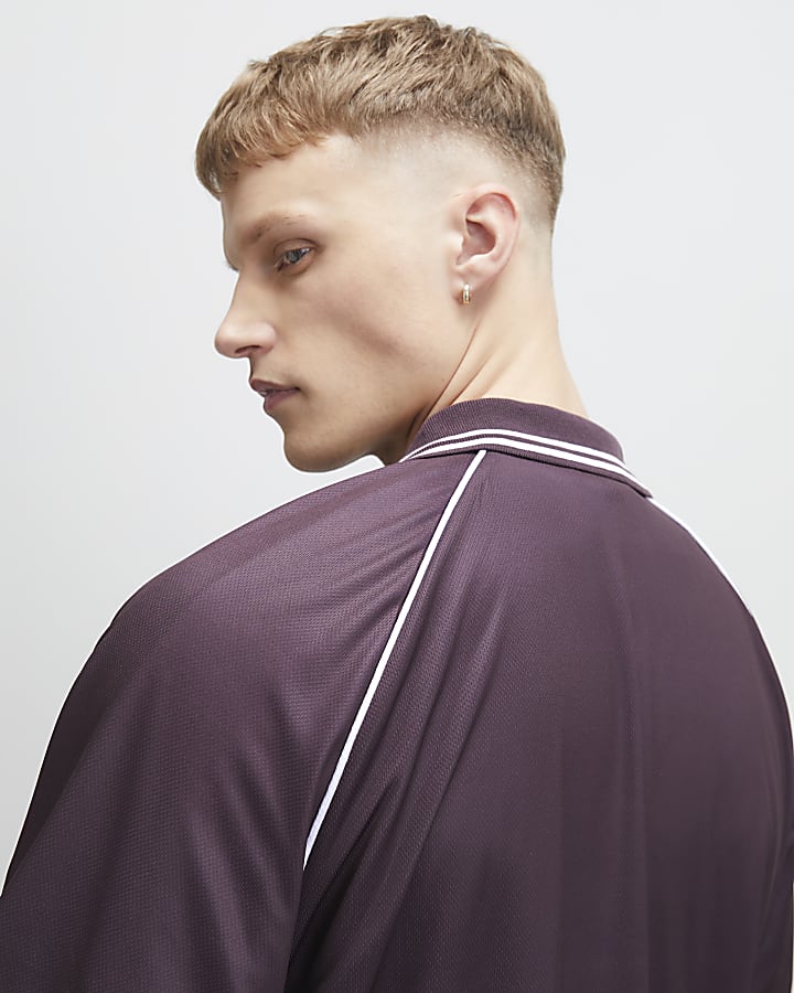 Red Oversized Fit Floral Mesh Polo Shirt