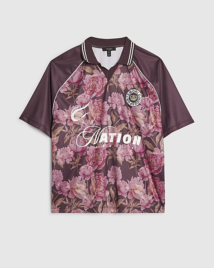 Red Oversized Fit Floral Mesh Polo Shirt