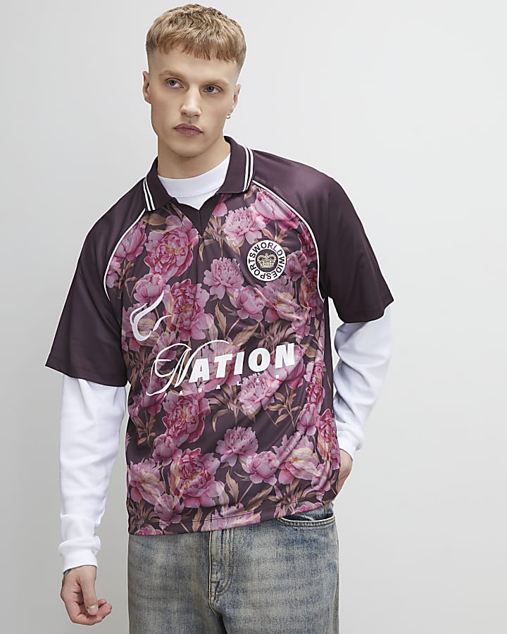 Red Oversized Fit Floral Mesh Polo Shirt