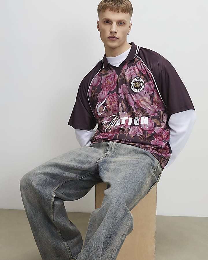 Red Oversized Fit Floral Mesh Polo Shirt