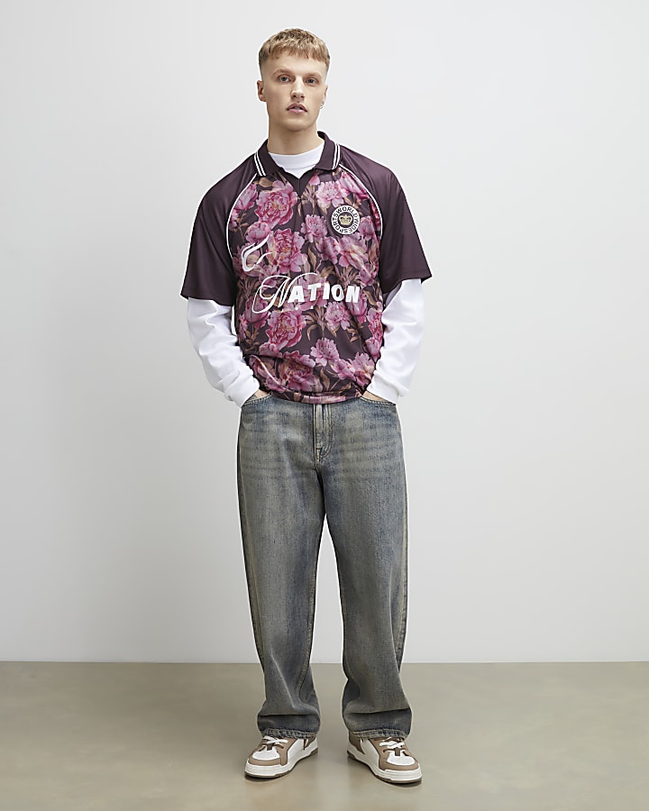 Red Oversized Fit Floral Mesh Polo Shirt