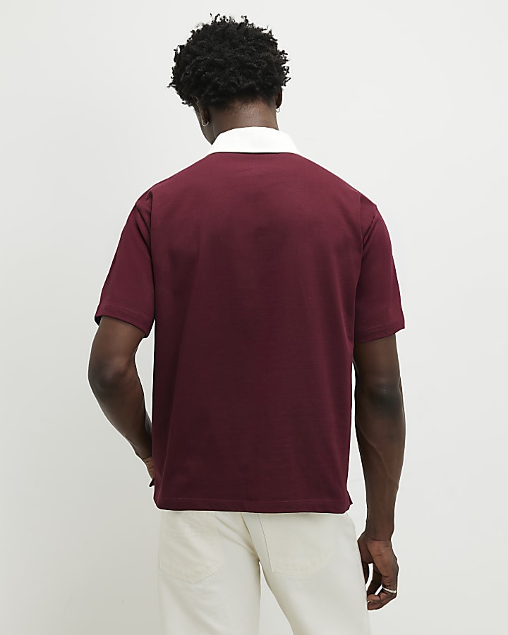 Red Oversized Fit Embroidered Rugby Shirt