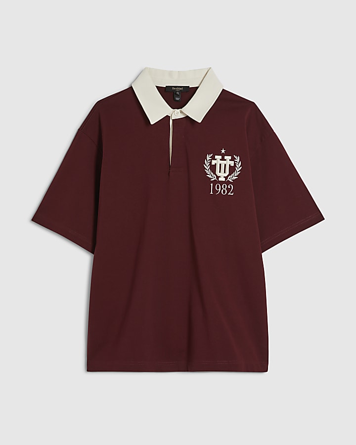 Red Oversized Fit Embroidered Rugby Shirt