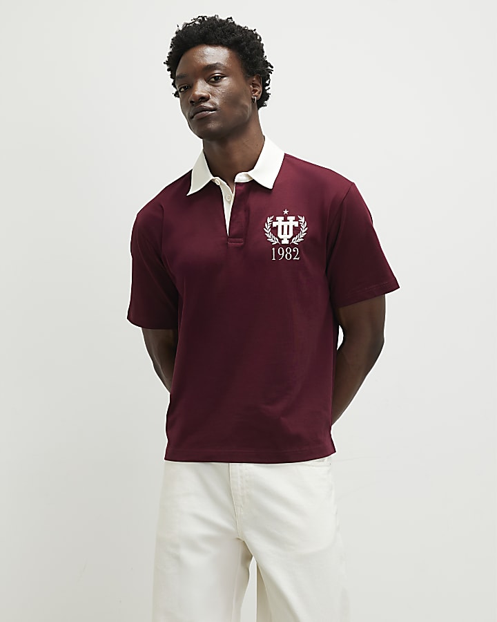 Red Oversized Fit Embroidered Rugby Shirt