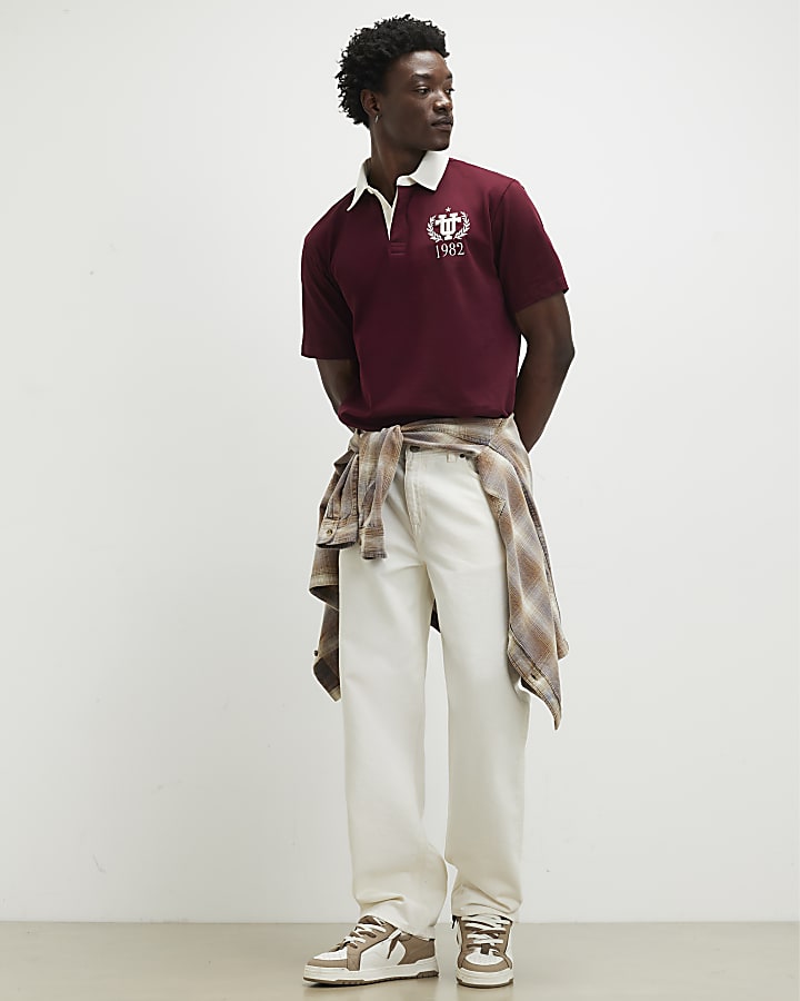 Red Oversized Fit Embroidered Rugby Shirt