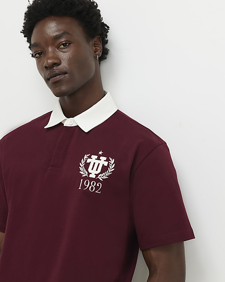 Red Oversized Fit Embroidered Rugby Shirt