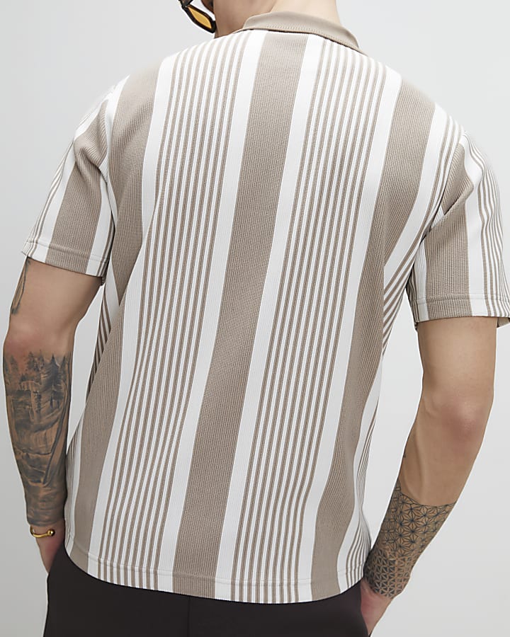 Beige Slim Fit Stripe Polo Shirt