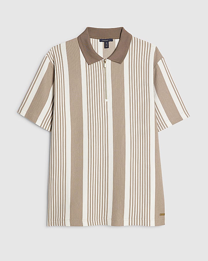 Beige Slim Fit Stripe Polo Shirt