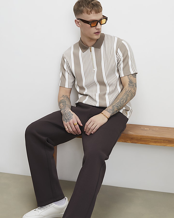 Beige Slim Fit Stripe Polo Shirt