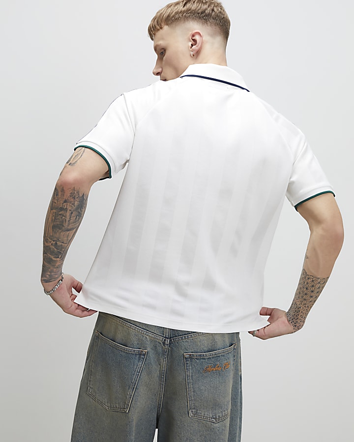 White Oversized Fit Stripe Polo Shirt