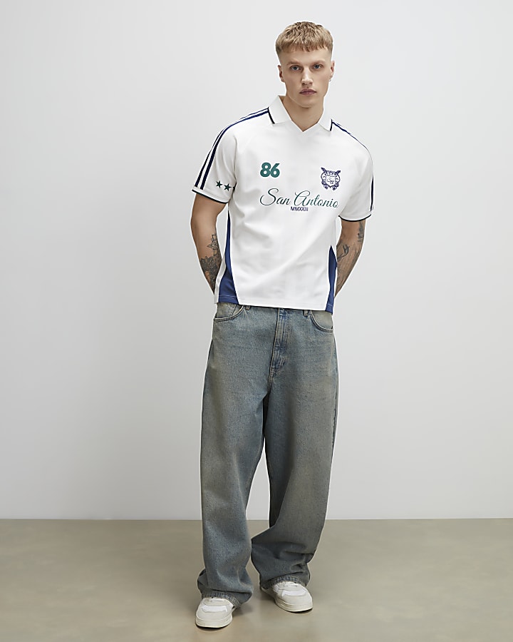 White Oversized Fit Stripe Polo Shirt