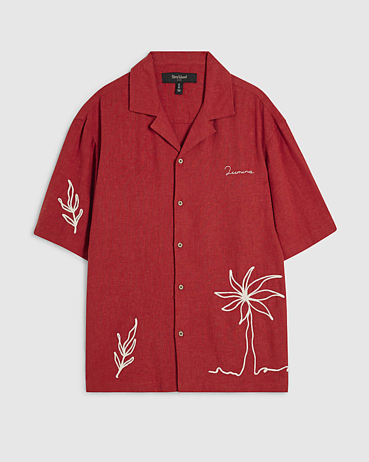 Red Linen Blend Roping Shirt