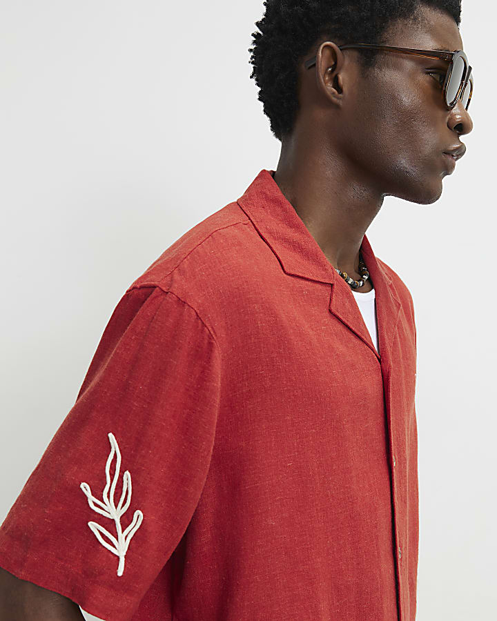 Red Linen Blend Roping Shirt