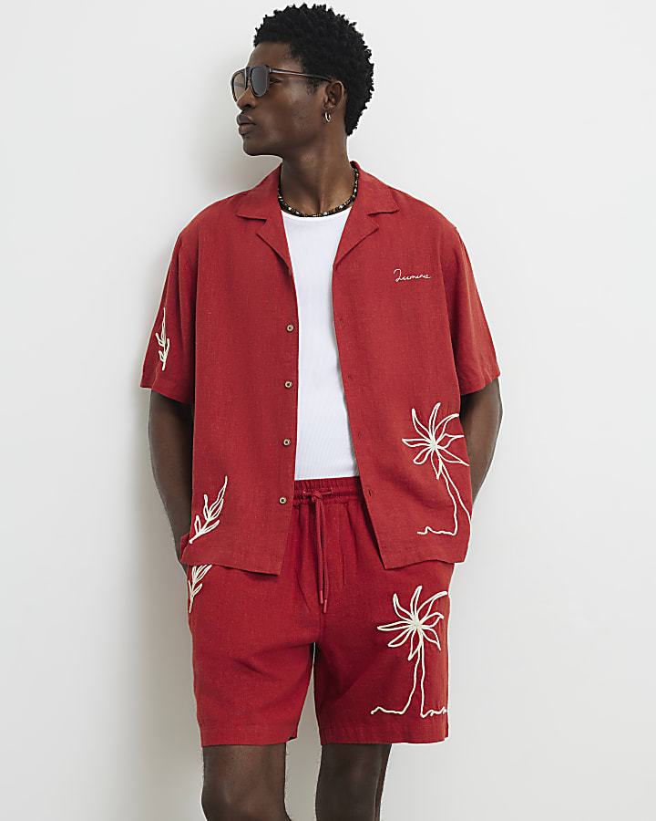 Red Linen Blend Roping Shirt