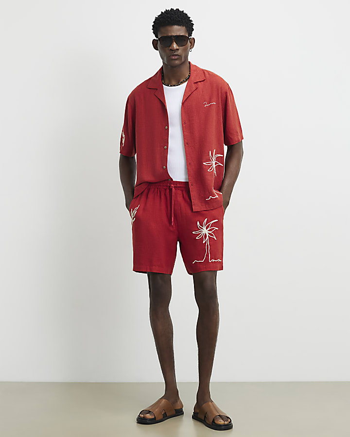 Red Linen Blend Roping Shirt