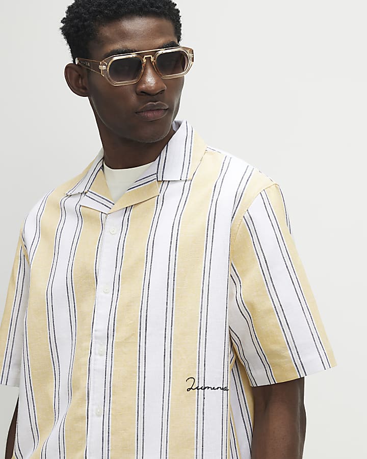 Yellow Regular Fit Linen Blend Stripe Shirt