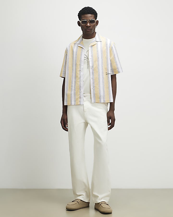 Yellow Regular Fit Linen Blend Stripe Shirt