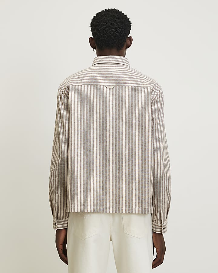 Brown Linen Blend Stripe Shirt