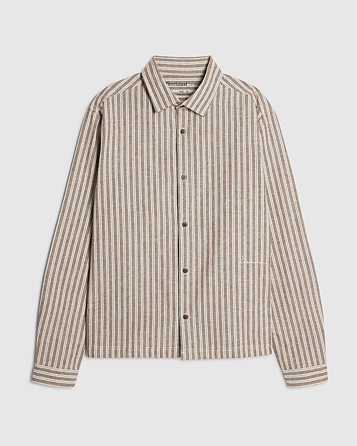 Brown Linen Blend Stripe Shirt
