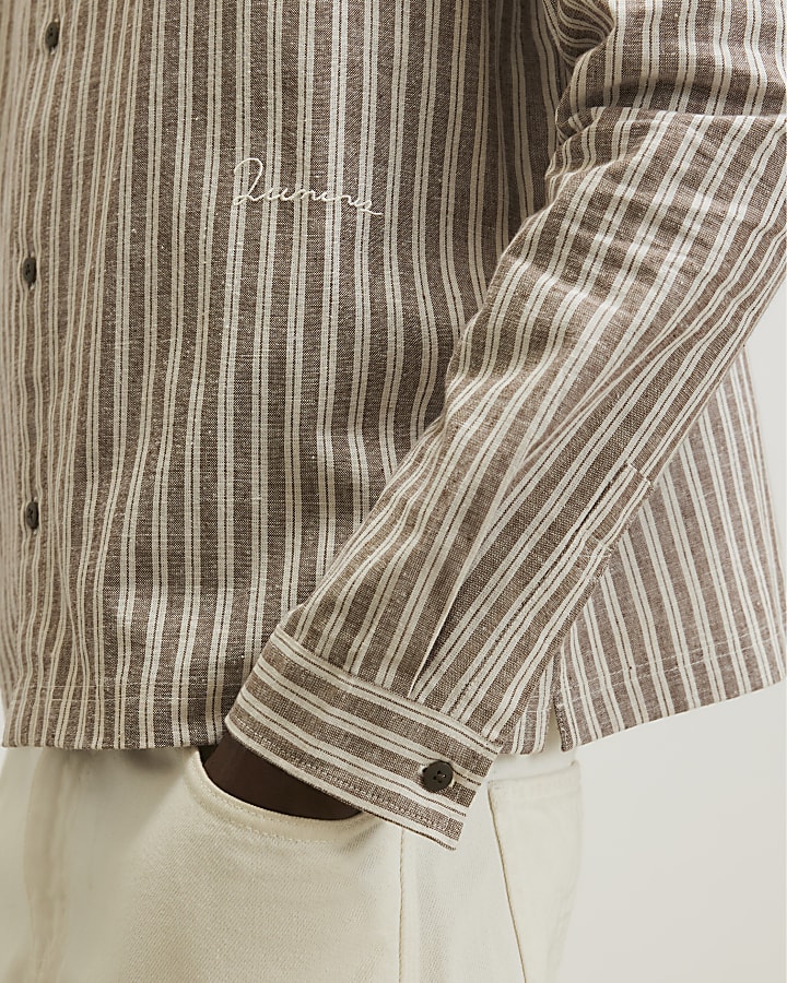 Brown Linen Blend Stripe Shirt