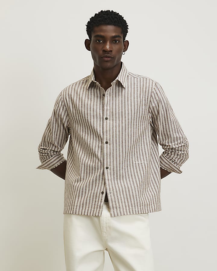 Brown Linen Blend Stripe Shirt