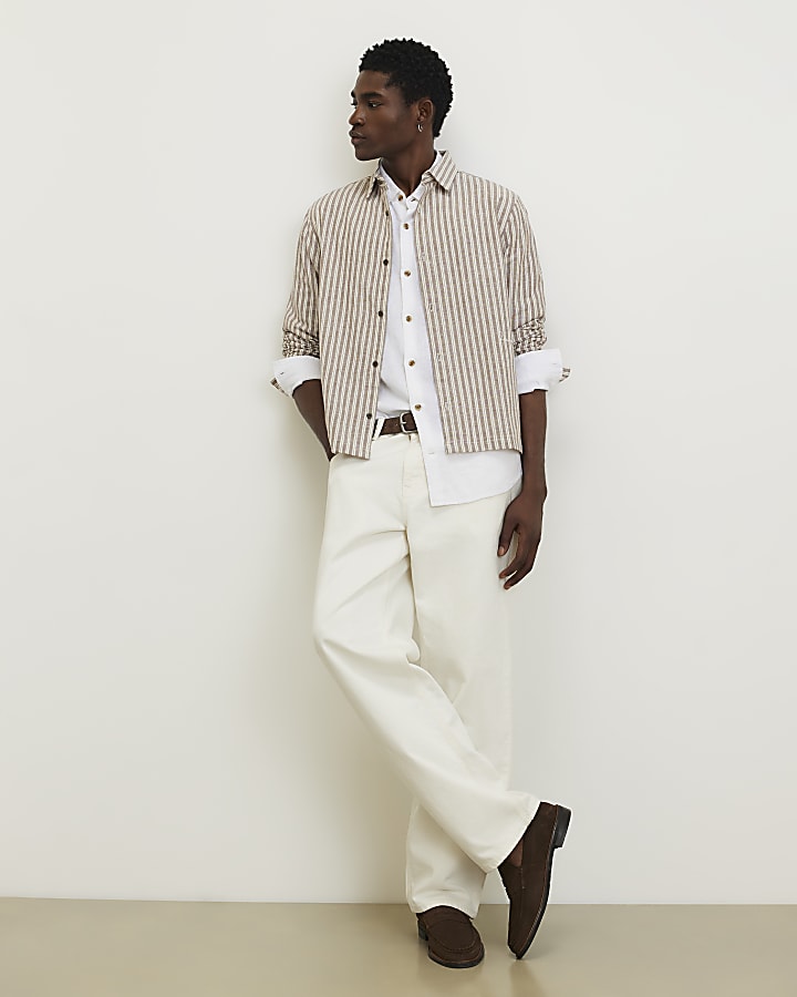 Brown Linen Blend Stripe Shirt
