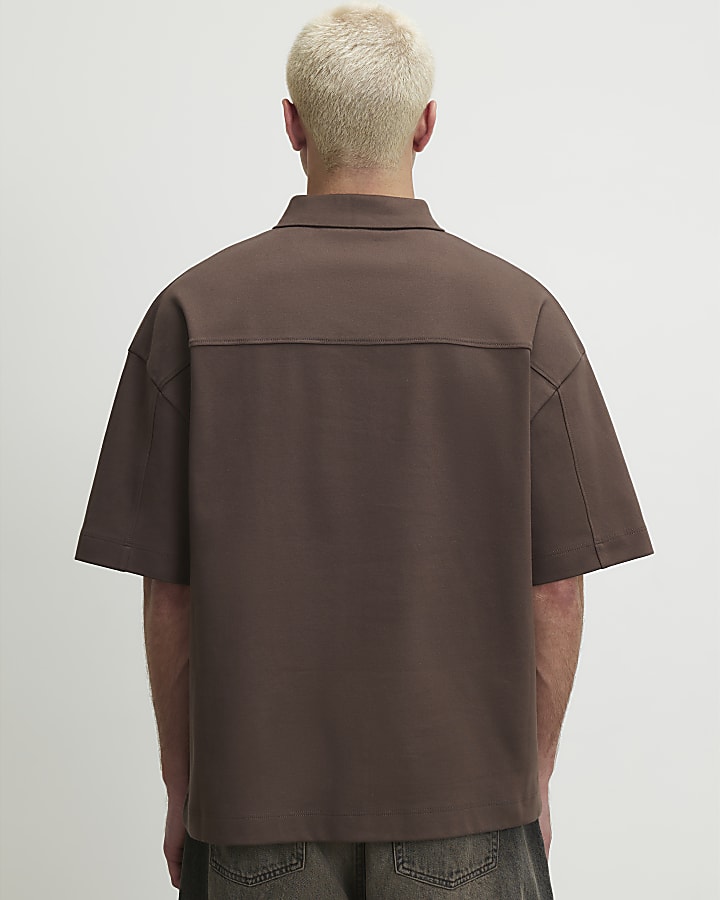 Brown Boxy Fit Button Polo Shirt