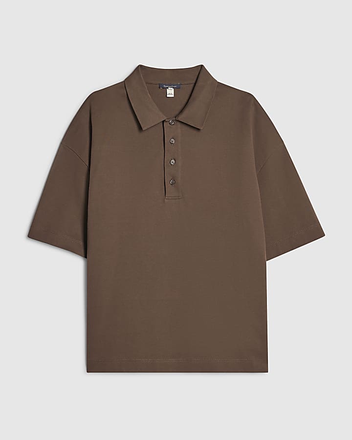 Brown Boxy Fit Button Polo Shirt