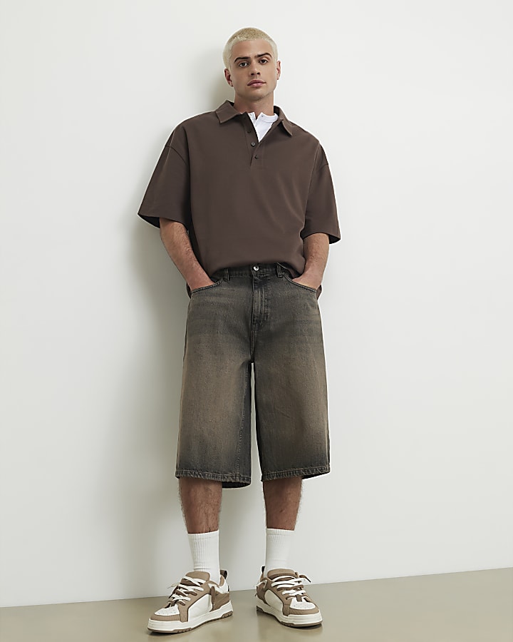 Brown Boxy Fit Button Polo Shirt