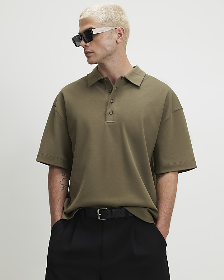 Khaki Boxy Fit Button Polo Shirt