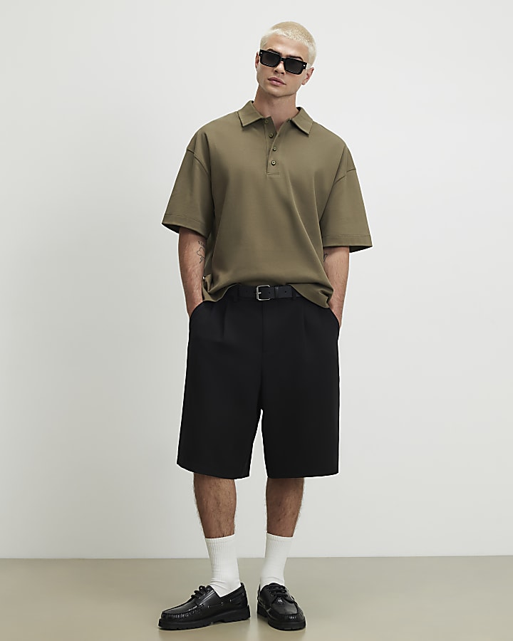 Khaki Boxy Fit Button Polo Shirt