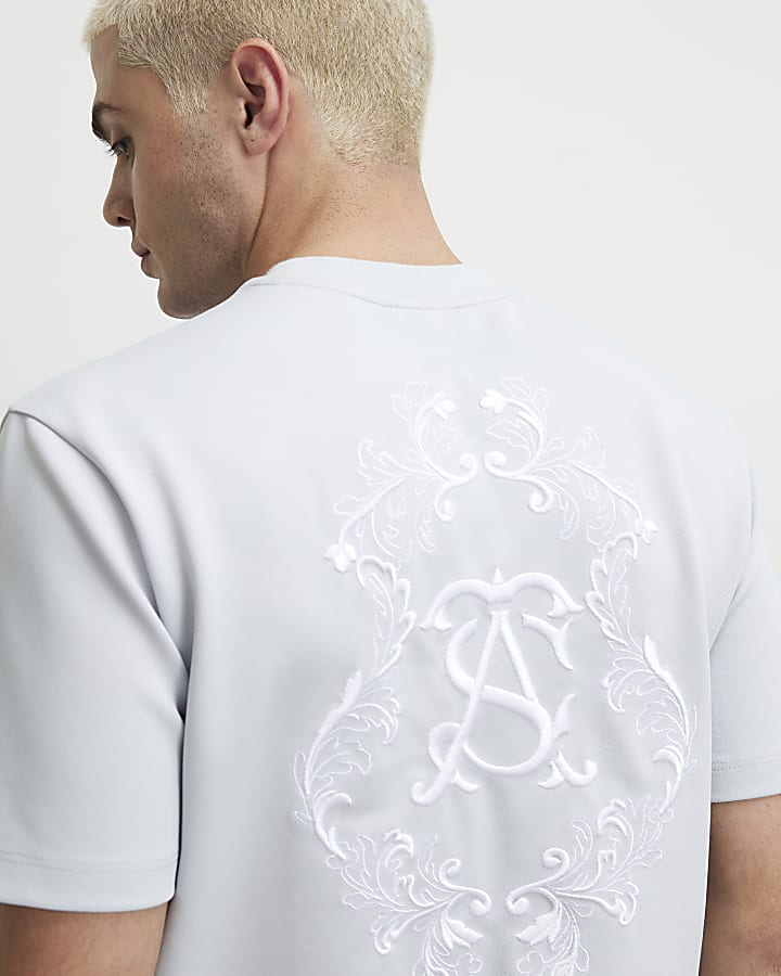 Blue Slim Fit Twill AS Embroidered T-Shirt