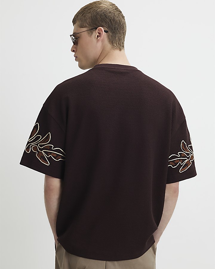 Brown Oversized Fit Roping Floral T-Shirt